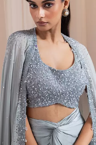 Grey embroidered silk co ord set with cape