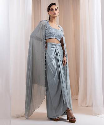 Grey embroidered silk co ord set with cape 1
