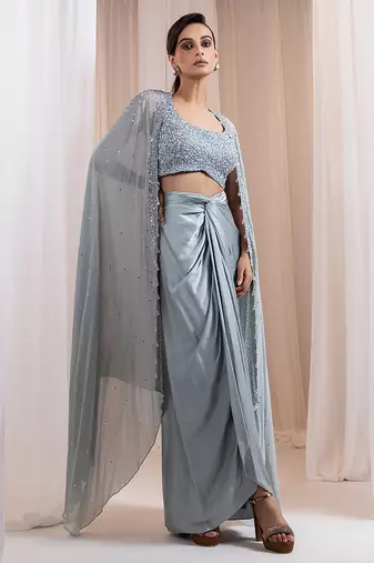 Grey embroidered silk co ord set with cape