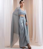 Grey embroidered silk co ord set with cape
