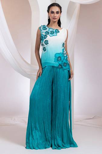 Blue embroidered chinon co ord set