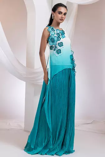 Blue embroidered chinon co ord set