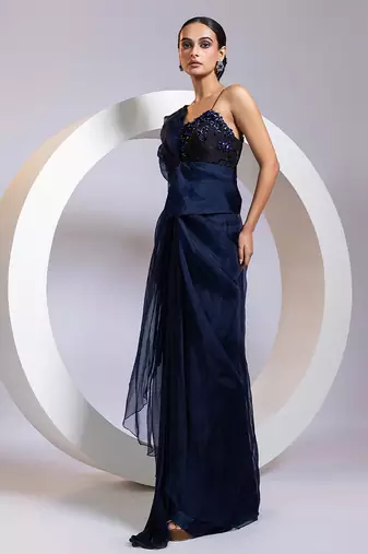 Blue embroidered silk gown