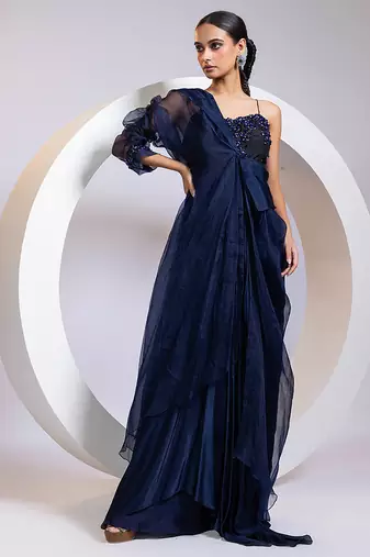 Blue embroidered silk gown