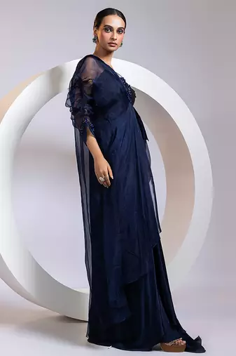 Blue embroidered silk gown