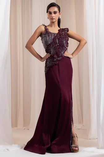 Maroon embroidered silk co ord set