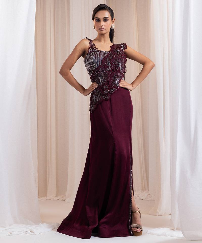 Maroon embroidered silk co ord set