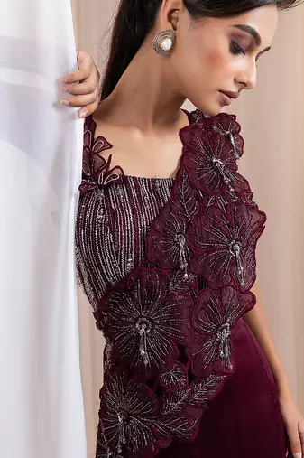Maroon embroidered silk co ord set