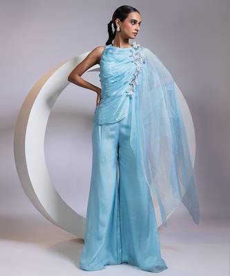 Blue embroidered chinon co ord set 3