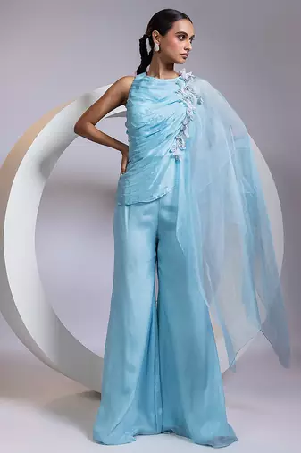 Blue embroidered chinon co ord set