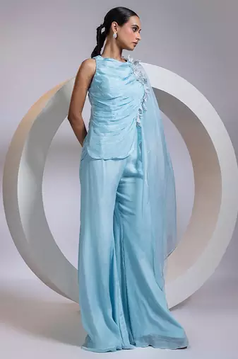 Blue embroidered chinon co ord set