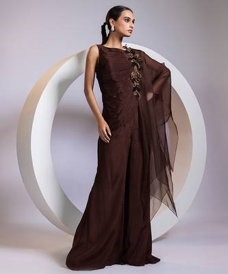 Brown embroidered chinon co ord set 1