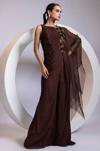 Brown embroidered chinon co ord set