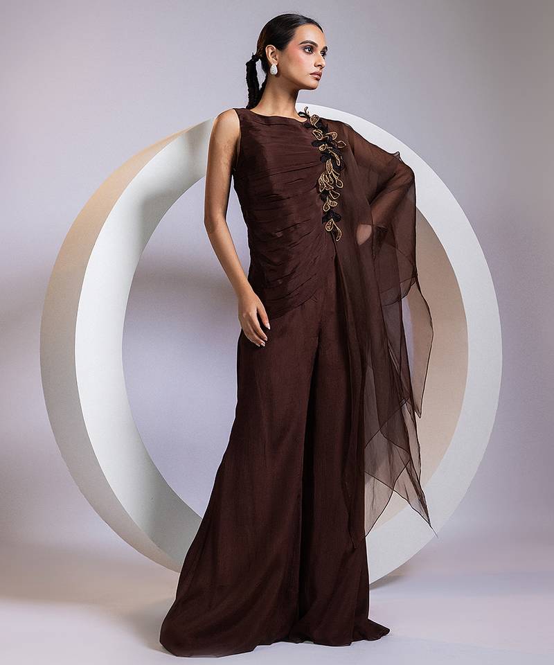 Brown embroidered chinon co ord set