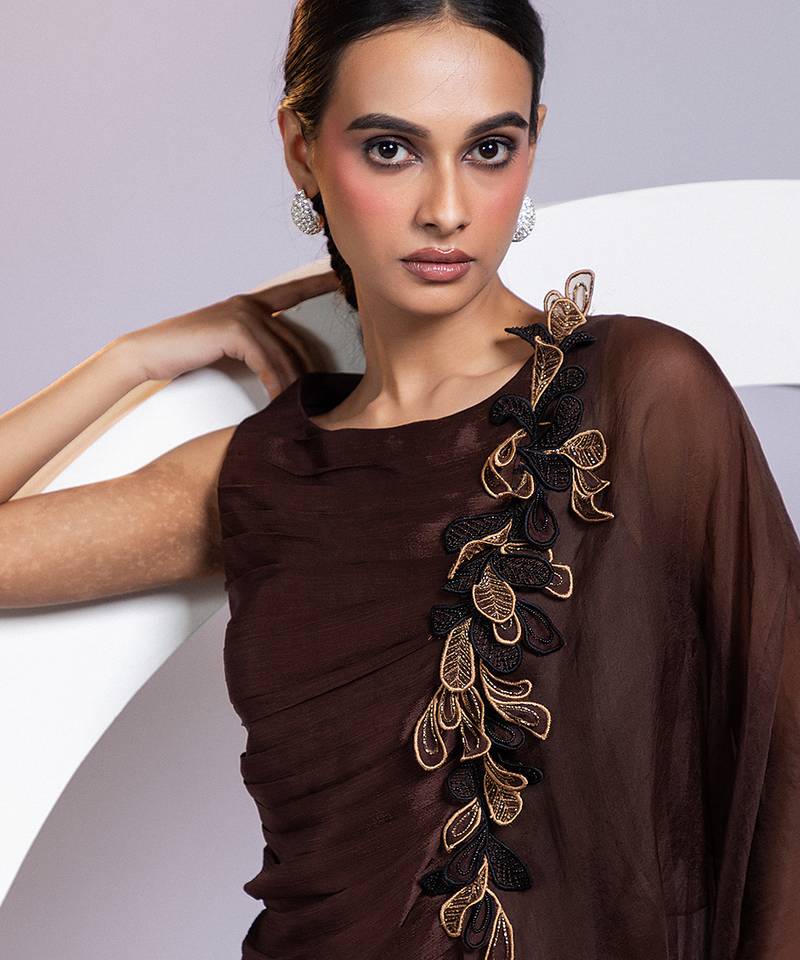 Brown embroidered chinon co ord set