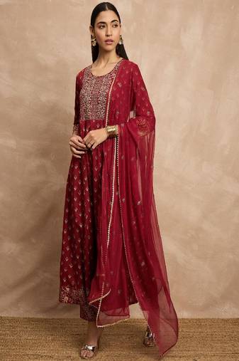 Maroon color ethnic motifs embroidered anarkali kurta with trousers & dupatta