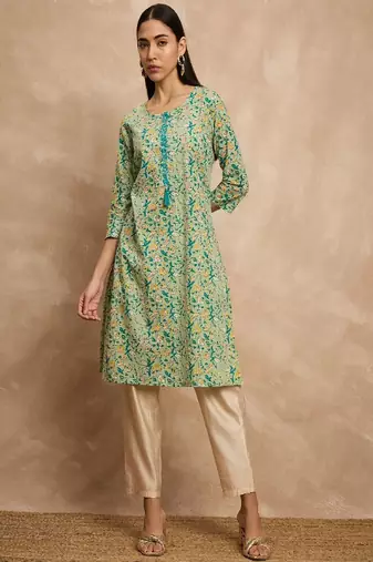 Green & yellow color floral printed thread work cotton straight kurta