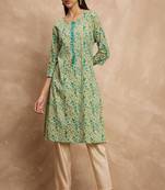 Green & yellow color floral printed thread work cotton straight kurta