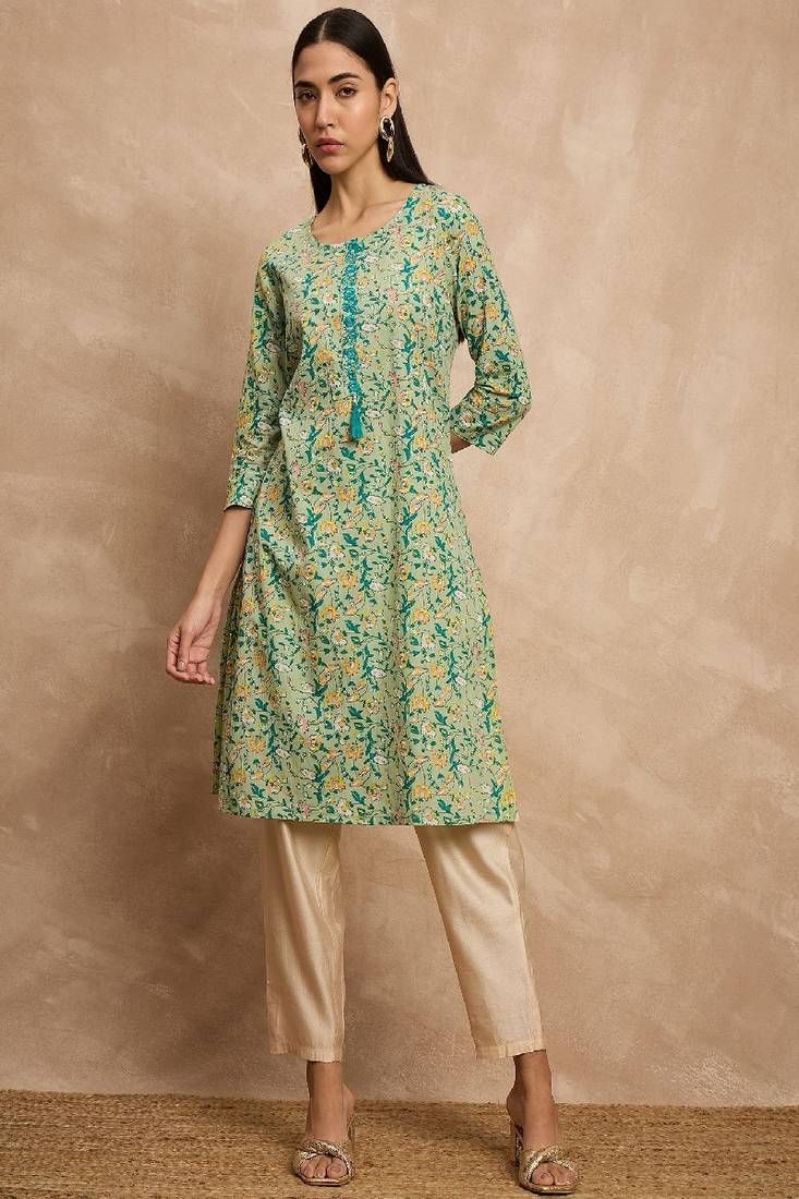 Green & yellow color floral printed thread work cotton straight kurta