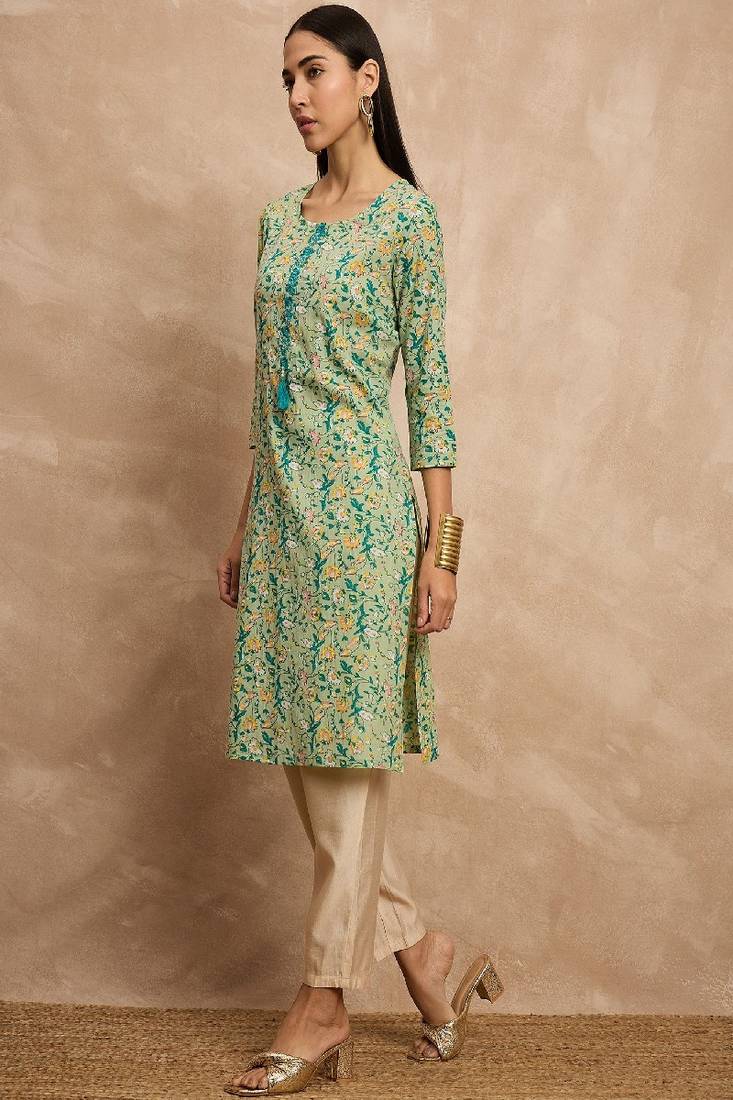 Green & yellow color floral printed thread work cotton straight kurta