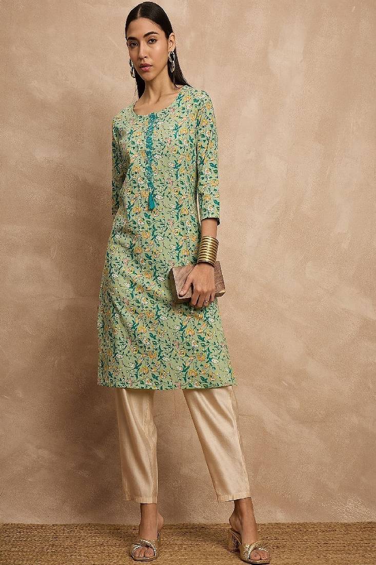 Green & yellow color floral printed thread work cotton straight kurta