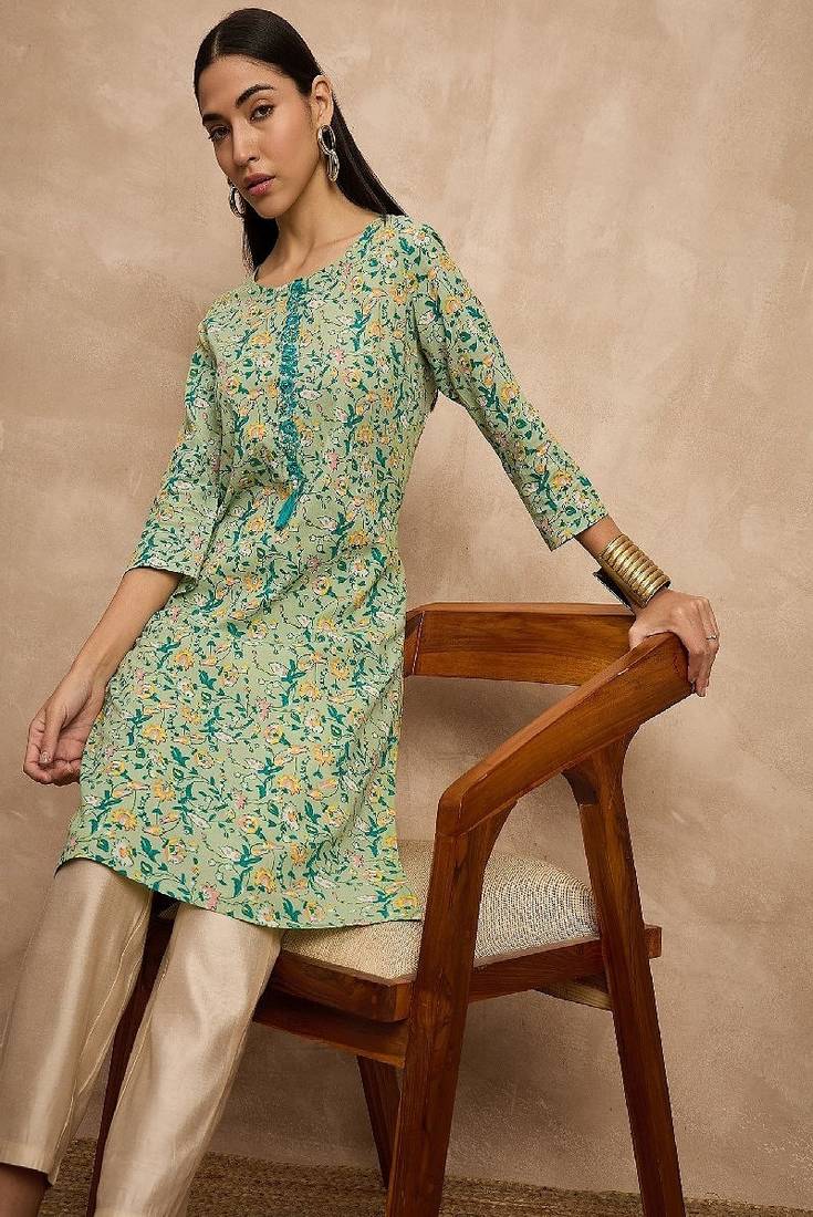Green & yellow color floral printed thread work cotton straight kurta