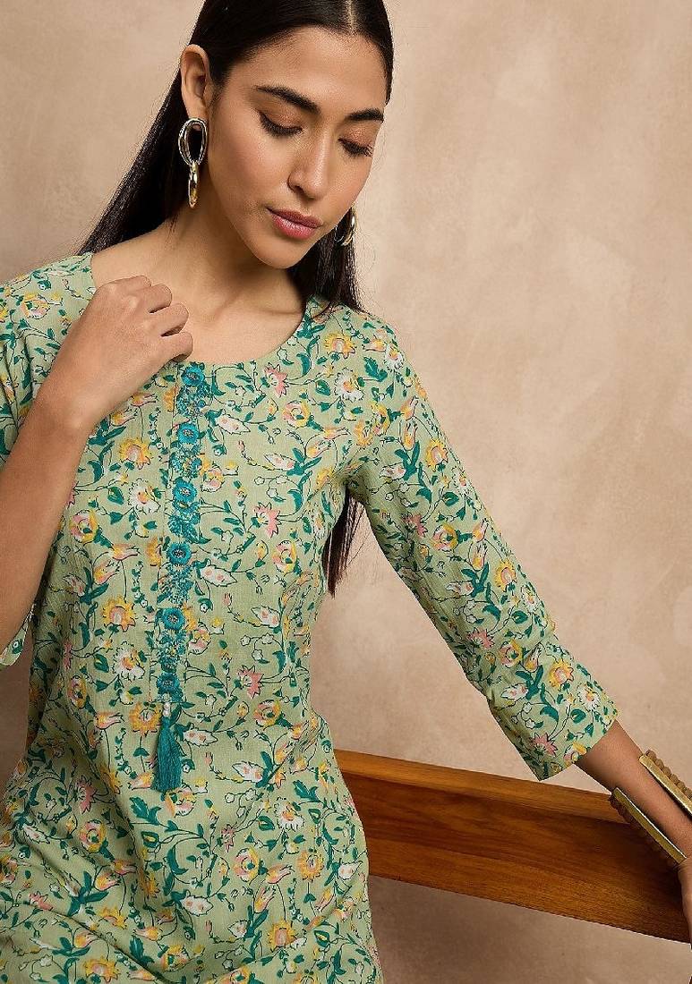 Green & yellow color floral printed thread work cotton straight kurta