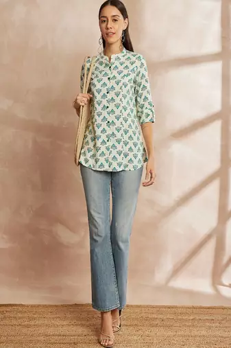 White & blue color ethnic motifs printed mandarin collar tunic