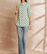 White & blue color ethnic motifs printed mandarin collar tunic