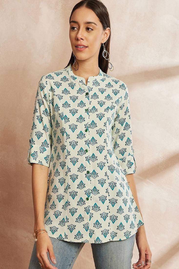 White & blue color ethnic motifs printed mandarin collar tunic