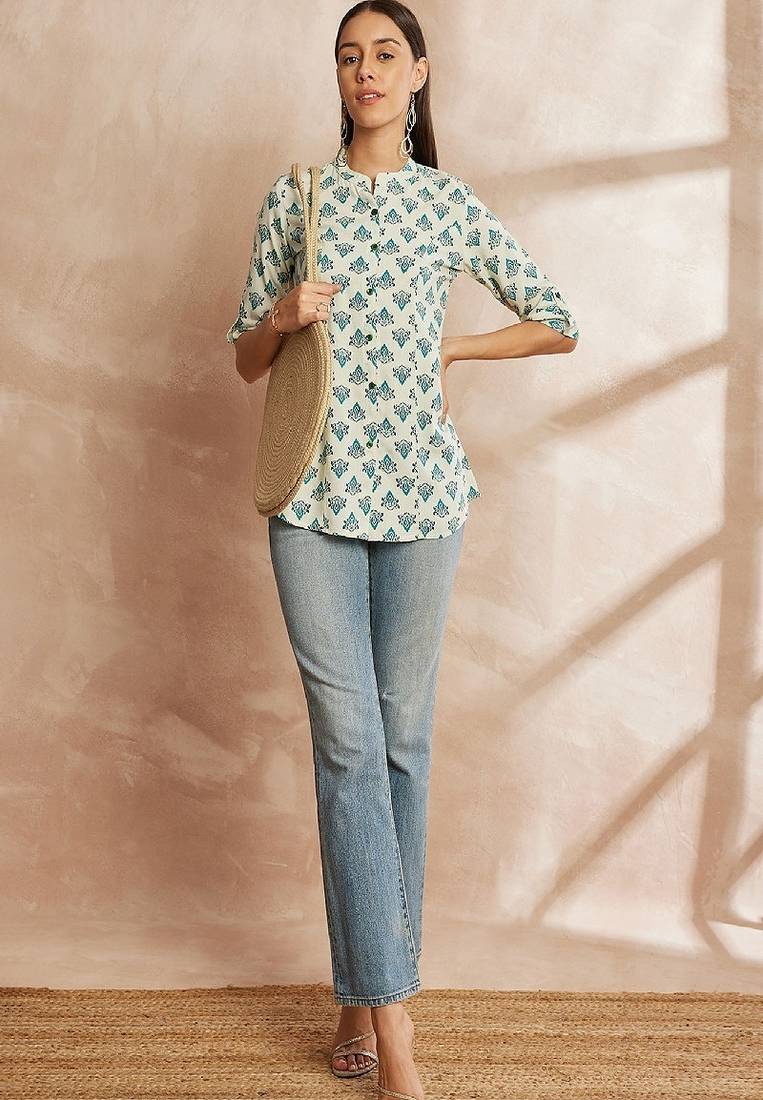 White & blue color ethnic motifs printed mandarin collar tunic