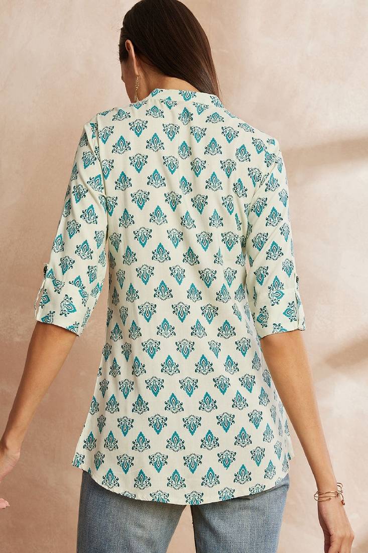 White & blue color ethnic motifs printed mandarin collar tunic
