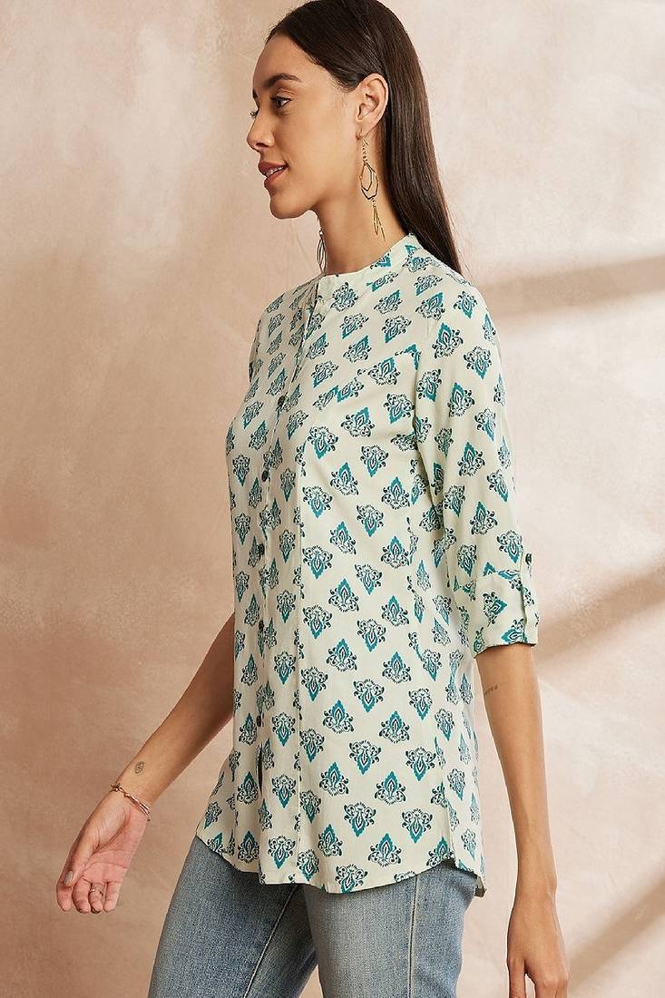 White & blue color ethnic motifs printed mandarin collar tunic