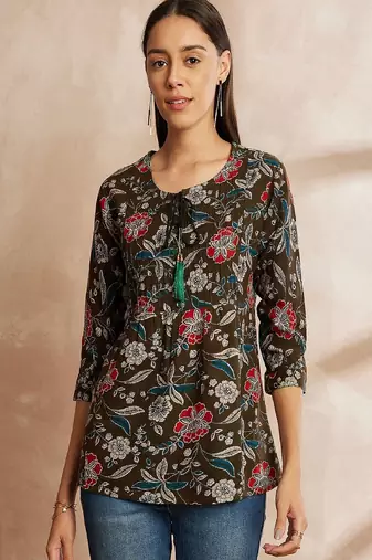 Olive green color ethnic motifs printed mandarin collar tunic