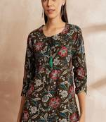 Olive green color ethnic motifs printed mandarin collar tunic