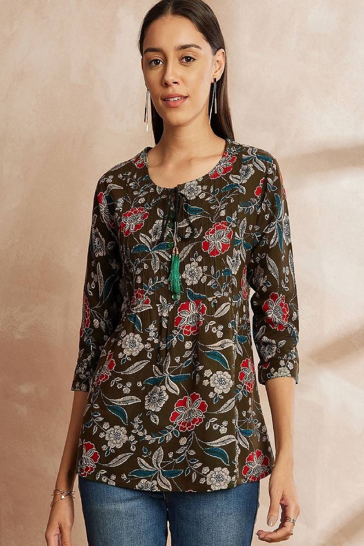 Olive green color ethnic motifs printed mandarin collar tunic