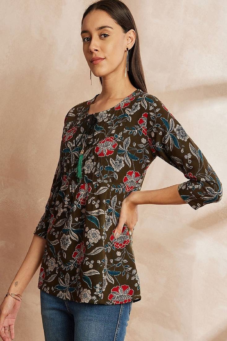 Olive green color ethnic motifs printed mandarin collar tunic