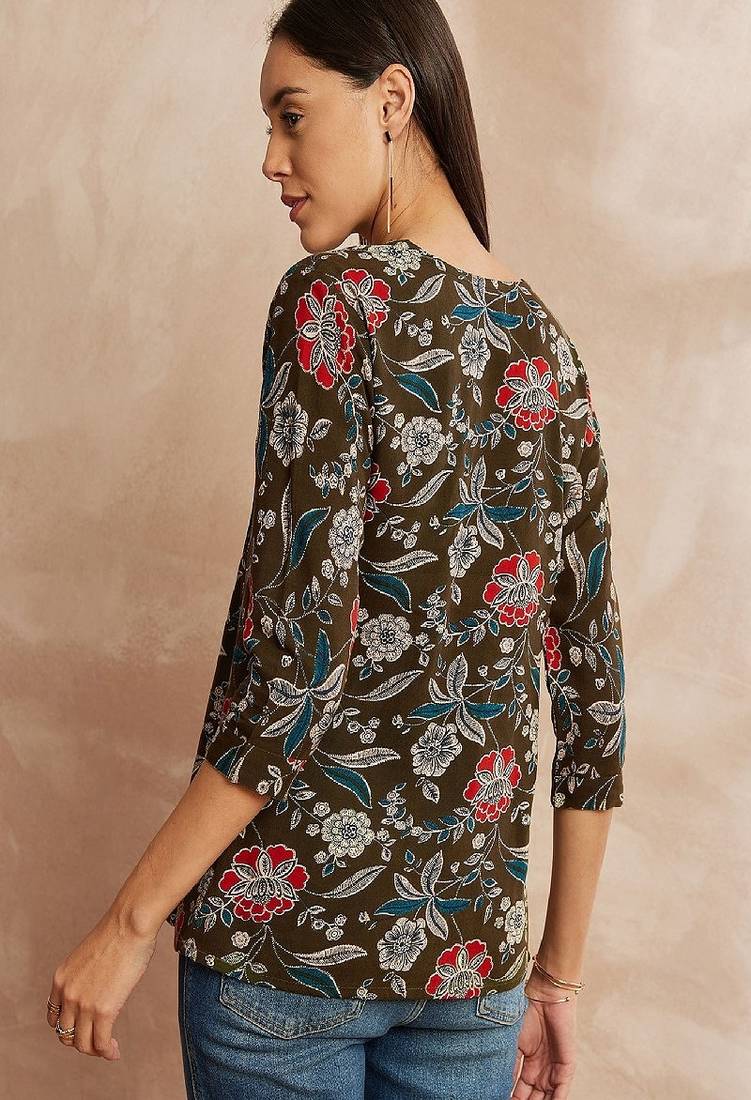 Olive green color ethnic motifs printed mandarin collar tunic