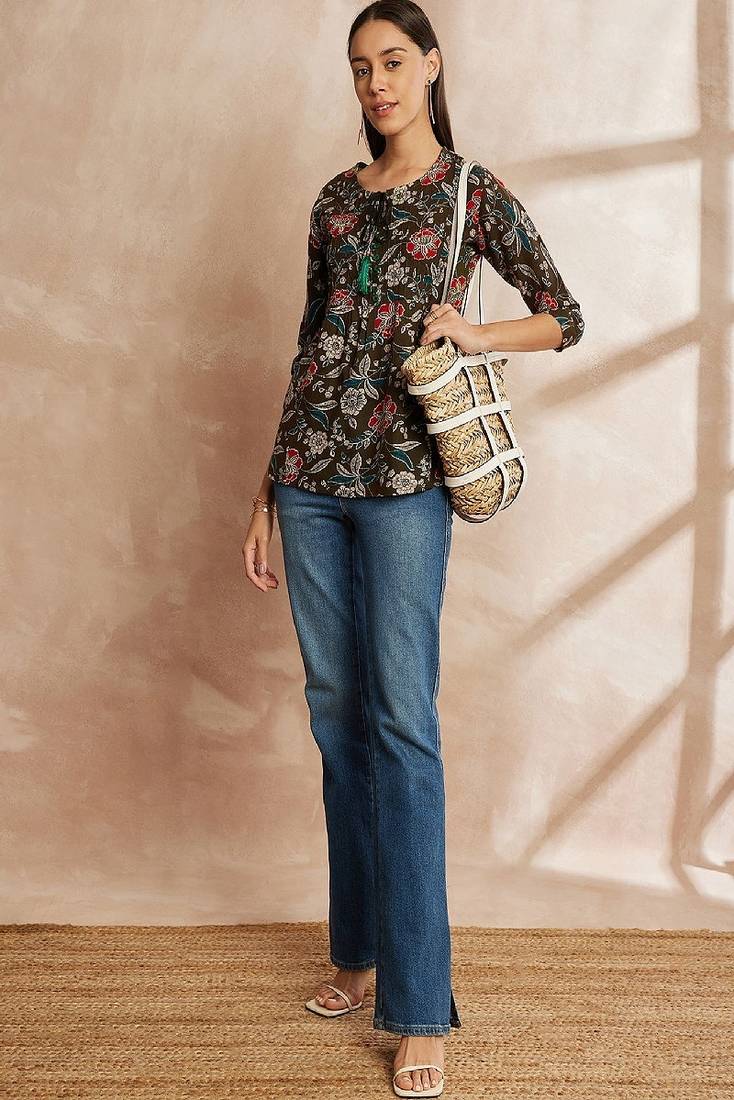 Olive green color ethnic motifs printed mandarin collar tunic