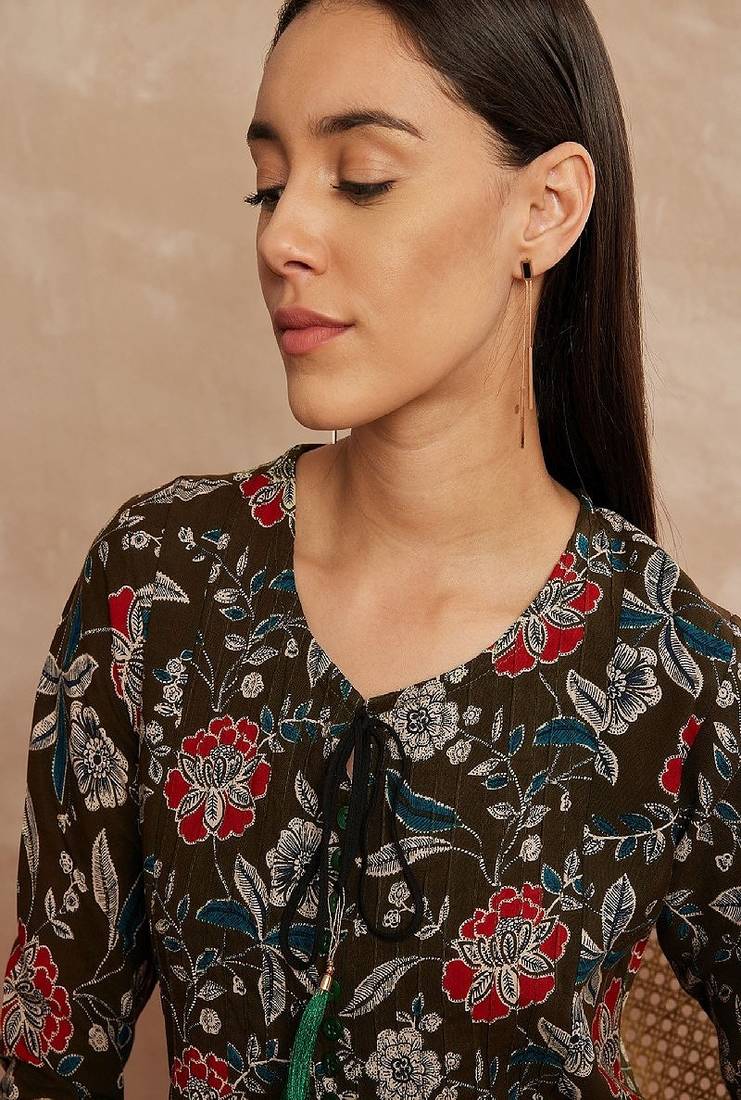 Olive green color ethnic motifs printed mandarin collar tunic