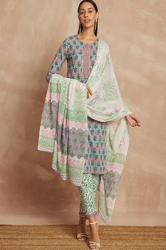 Grey & pink color grey & pink ethnic motifs printed pure cotton kurta & trousers with dupatta