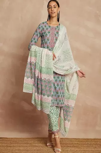 Grey & pink color grey & pink ethnic motifs printed pure cotton kurta & trousers with dupatta