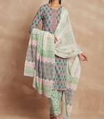Grey & pink color grey & pink ethnic motifs printed pure cotton kurta & trousers with dupatta