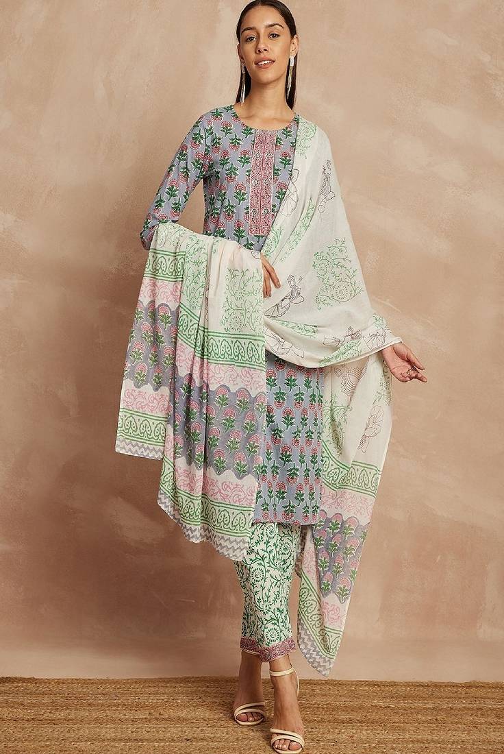 Grey & pink color grey & pink ethnic motifs printed pure cotton kurta & trousers with dupatta