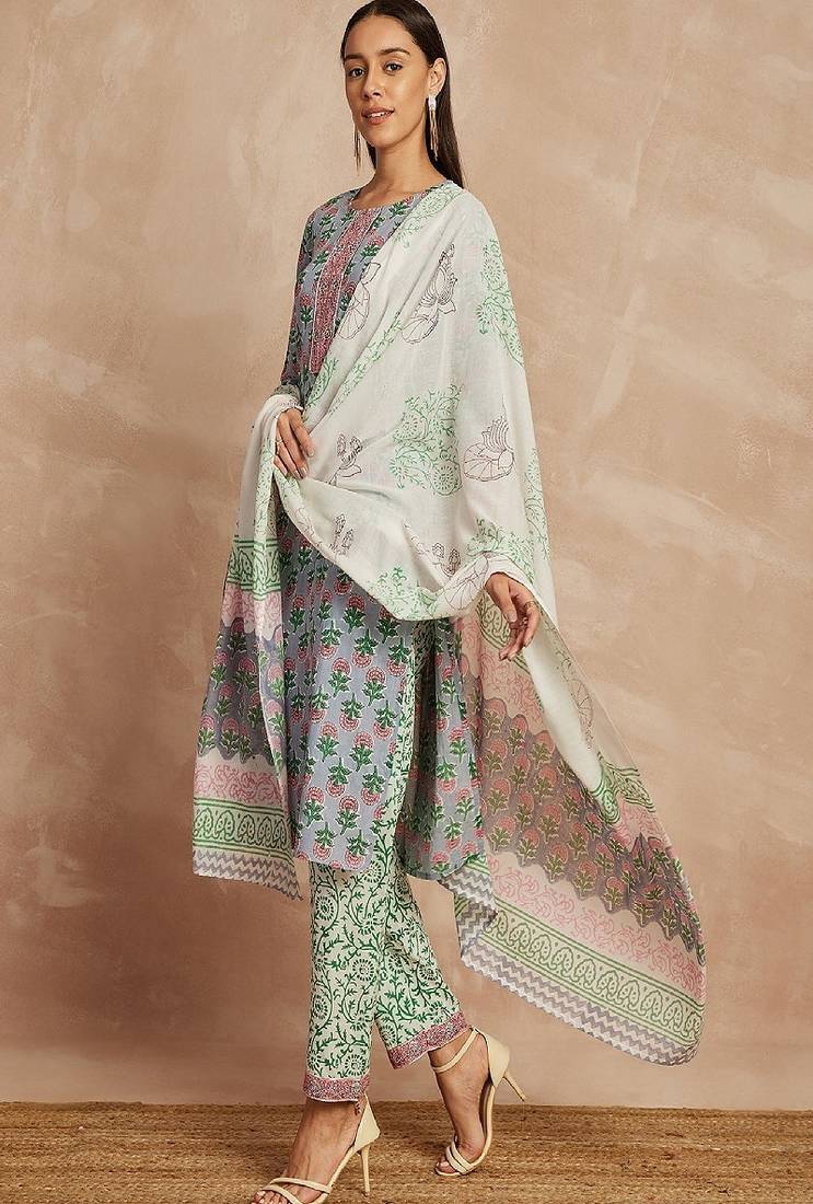 Grey & pink color grey & pink ethnic motifs printed pure cotton kurta & trousers with dupatta