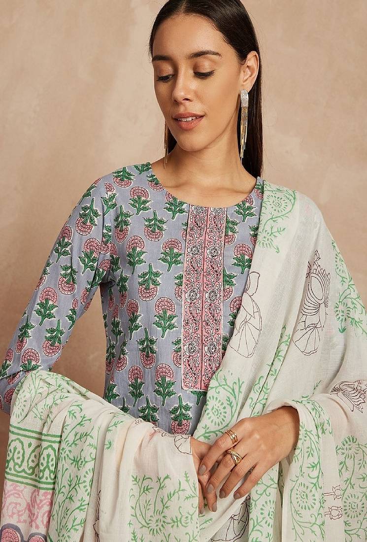 Grey & pink color grey & pink ethnic motifs printed pure cotton kurta & trousers with dupatta