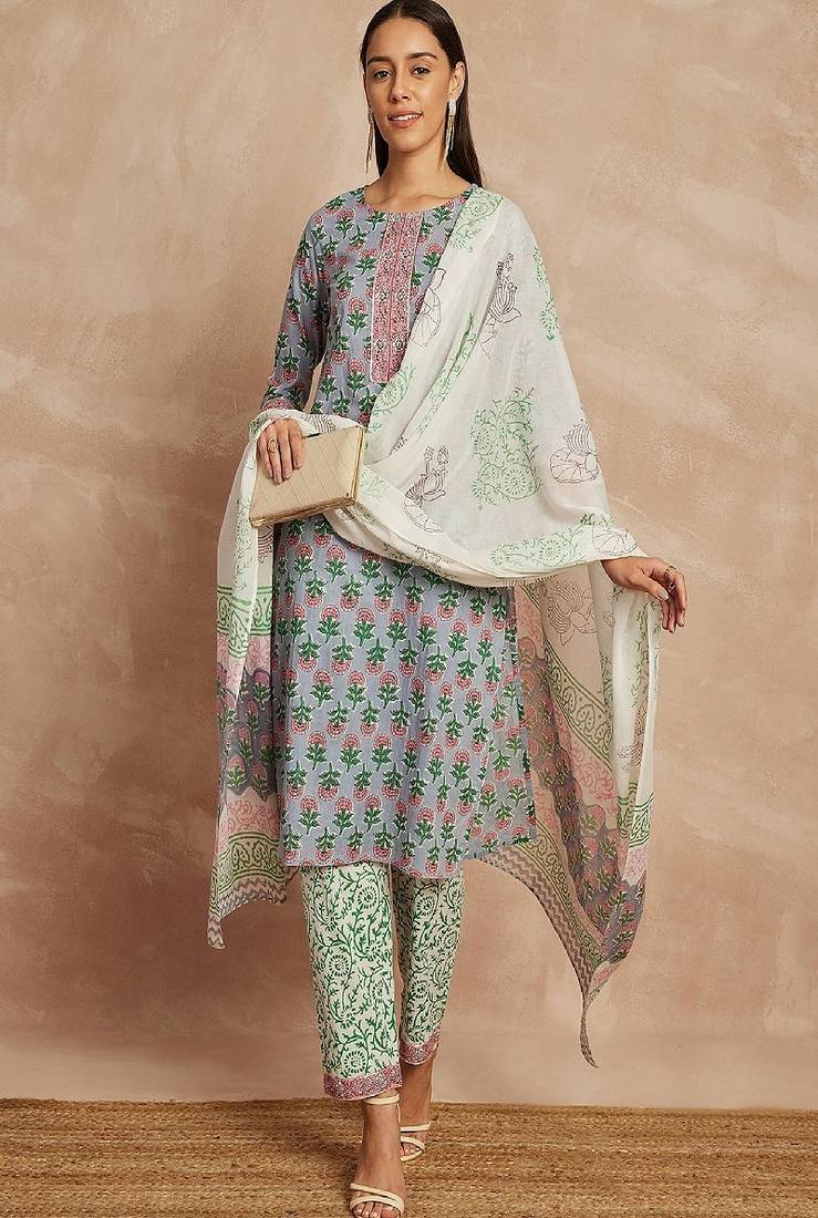 Grey & pink color grey & pink ethnic motifs printed pure cotton kurta & trousers with dupatta