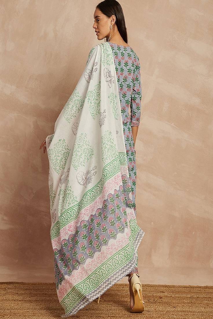 Grey & pink color grey & pink ethnic motifs printed pure cotton kurta & trousers with dupatta