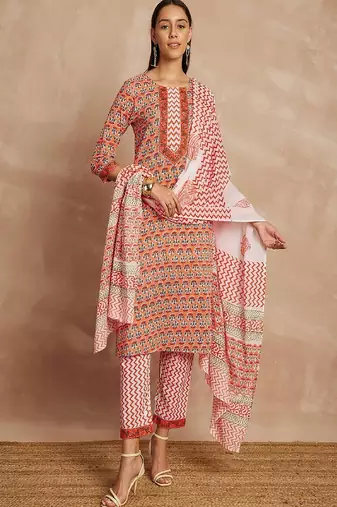 Orange color ethnic motifs printed pure cotton straight kurta & trousers with dupatta