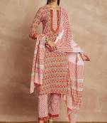 Orange color ethnic motifs printed pure cotton straight kurta & trousers with dupatta